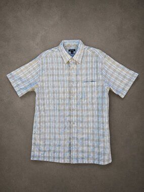 George Short Sleeve Collared Button Down Tan Windowpane Plaid Shirt - M 38-40